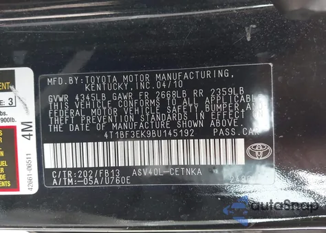 2011 Toyota Camry Le из США, поврежденный, VIN 4T1BF3EK9BU145192